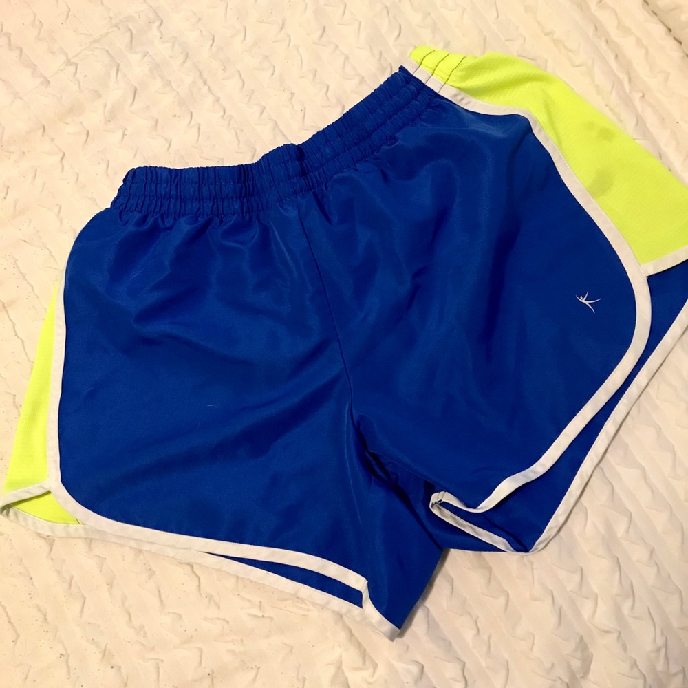 Blue, yellow and white athletic shorts